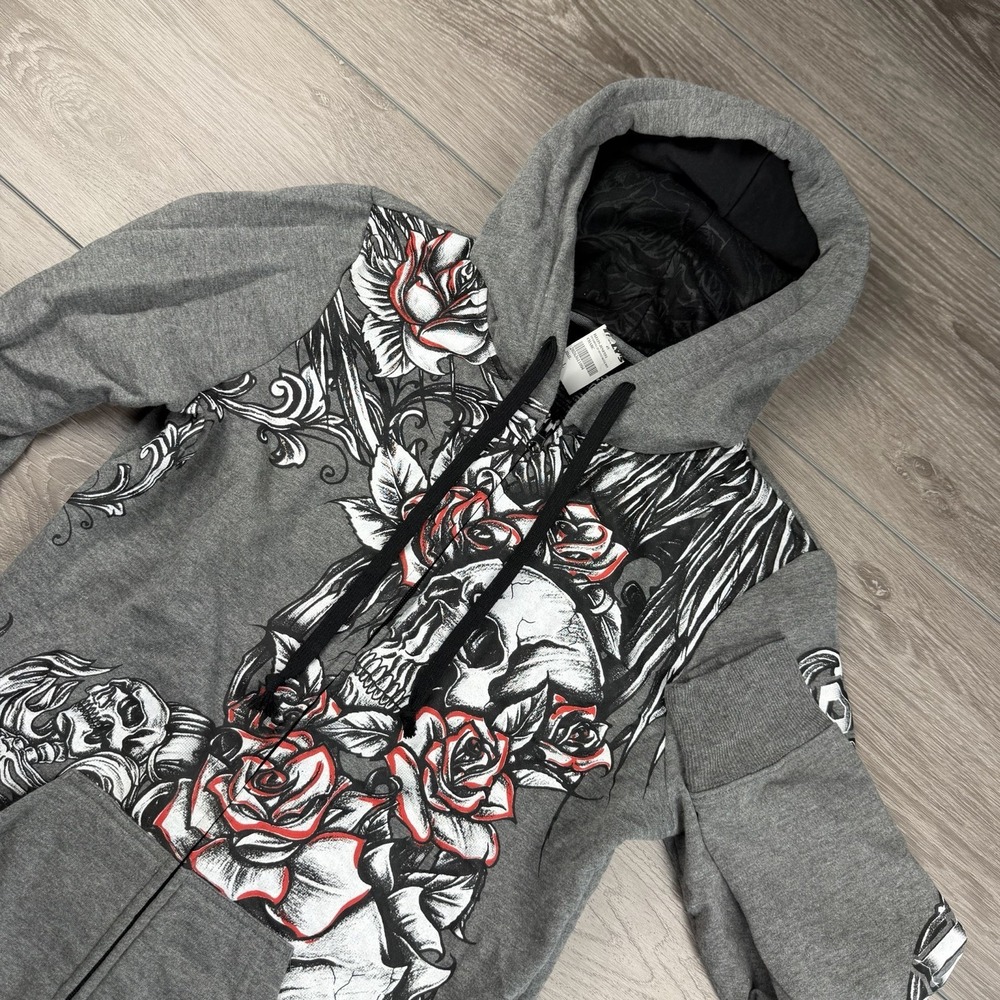 Infamous Women's Full Zip Y2K Skull Roses Hoodie‎ Grey Large New